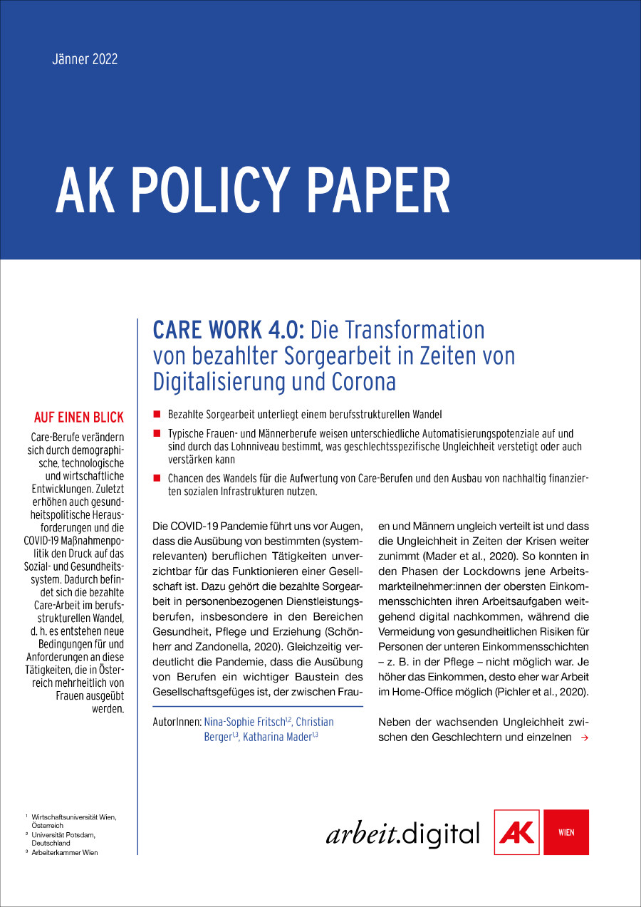 Policy Paper Care Work 4.0 © AK Wien Cover Policy Paper Care Work 4.0