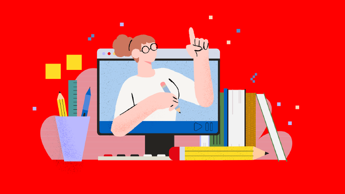 © Very Nice Studio Eine weiße Frau mit Bleistift erklärt aus einem PC-Bildschirm heraus Zusammenhänge. In ihrer Hand hält sie einen Bleistift. Rund um den PC stehen Bücher, eine Tastatur, Stifte und anderes Bürozubehör